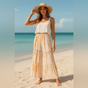 Boho‎ Tie-Dye Crochet Beach Cover-Up Pants NWT White Orange One Size